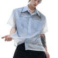 Men's blue and white gradient quilted pattern short sleeve casual shirt with loose fit