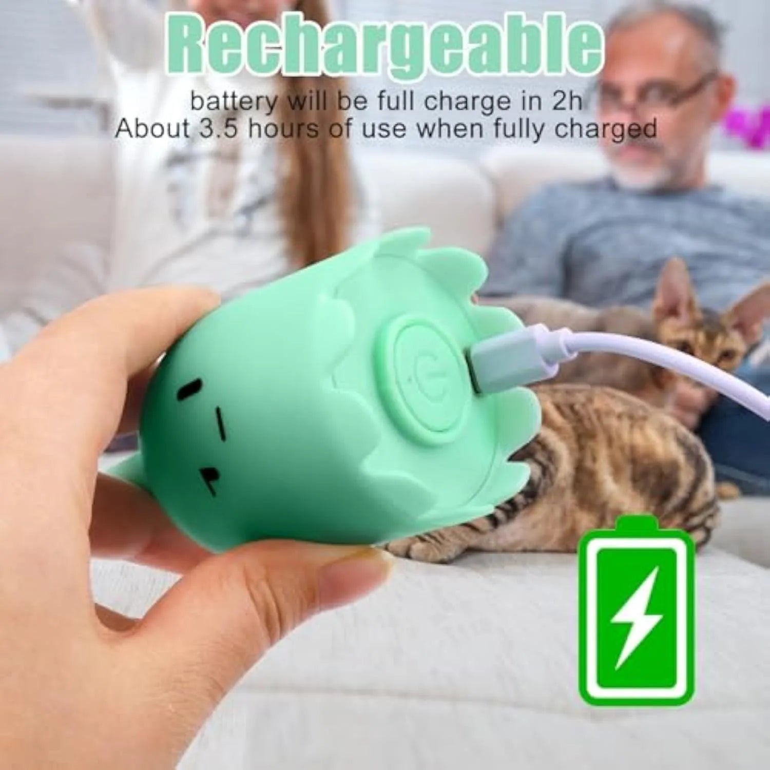 Green automatic electronic cat wand toy with swinging silicone tails on white background
