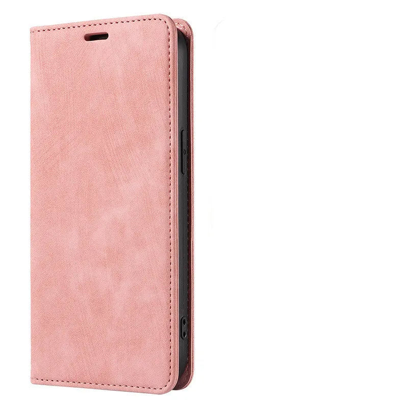 Magnetic flip phone case in leather and TPU for iPhone, shown in grey colour.