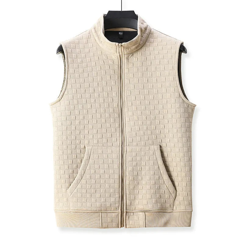 A man's casual sleeveless vest waistcoat in a polyester blend fabric, shown in grey.
