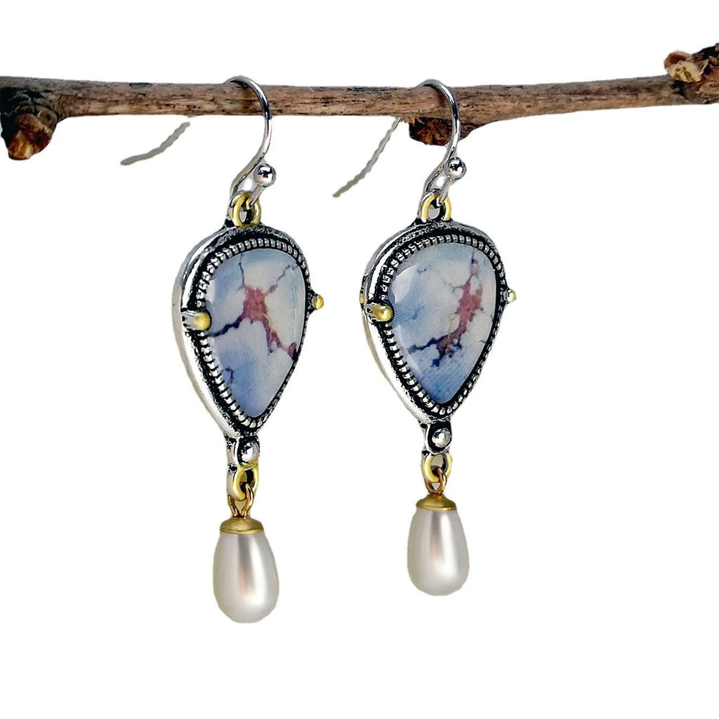 Retro blue geometric drop earrings with synthetic opal and white pearl on electroplated metal