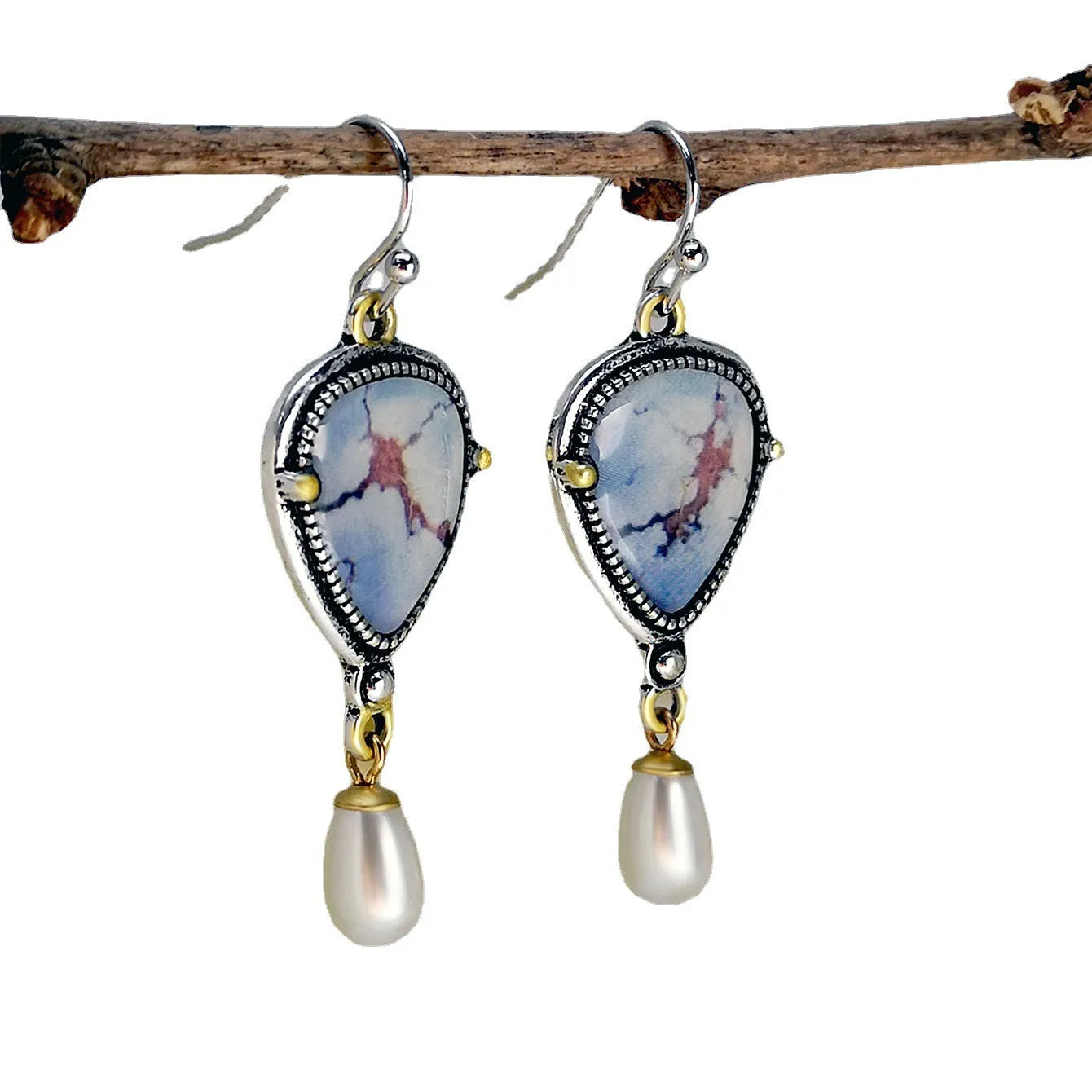 Retro blue geometric drop earrings with synthetic opal and white pearl on electroplated metal
