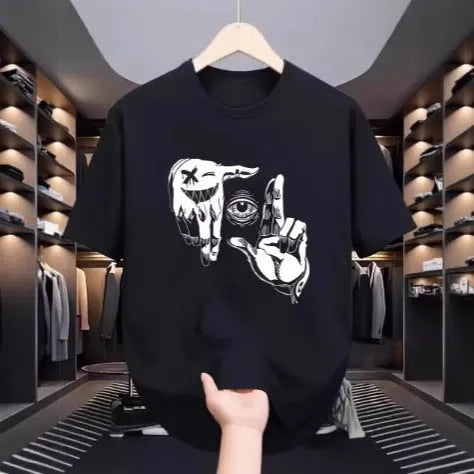 Men's cartoon print t-shirt in bird eye cloth showing round neck and short sleeve design