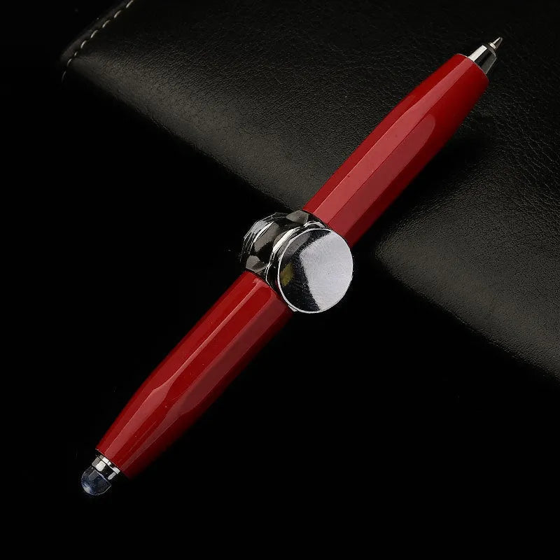 Metal gyro ballpoint pen with LED spinner, shown in multiple refill colour options.
