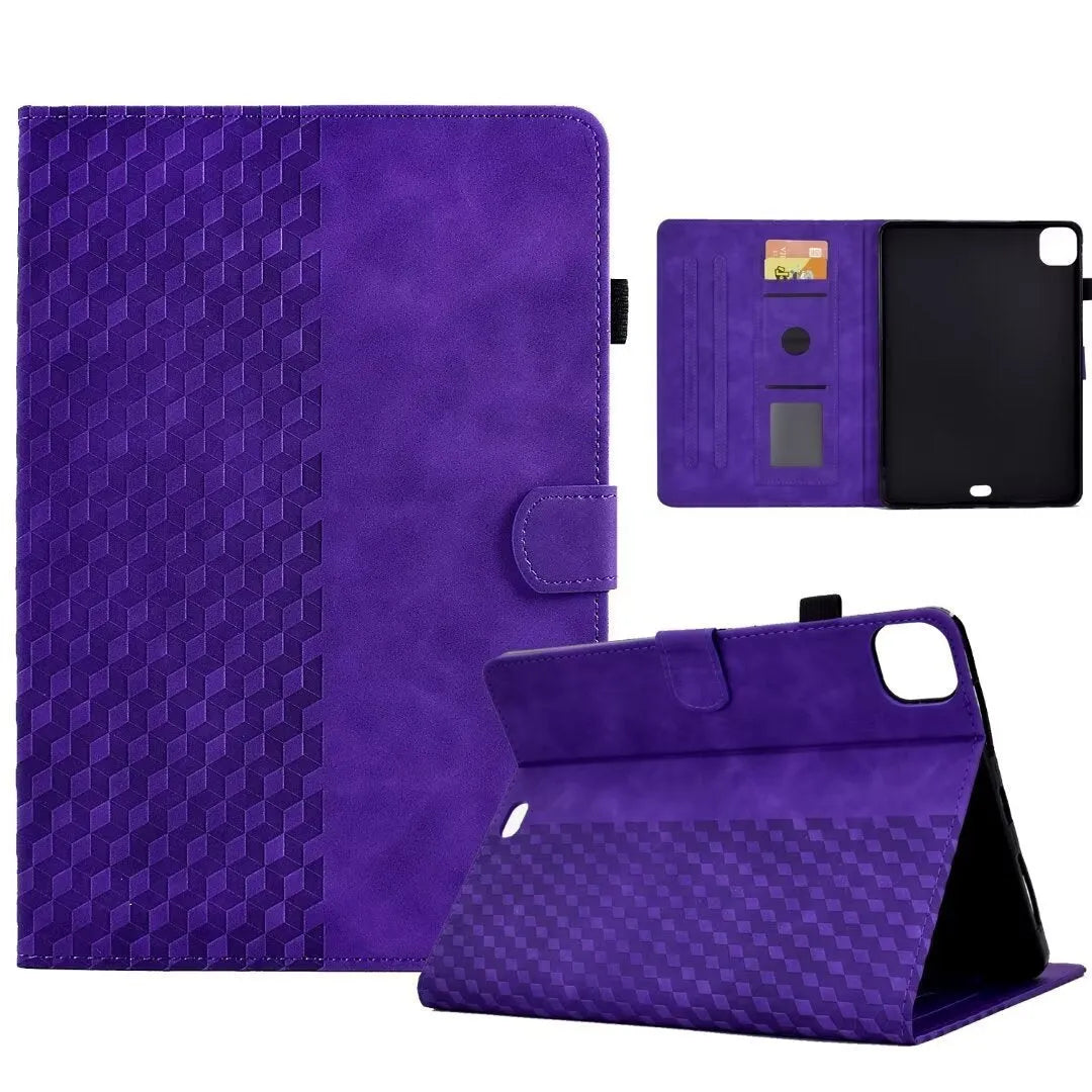 iPad Pro 11 leather case with card holder in diamond embossed green pattern, showing stand function.