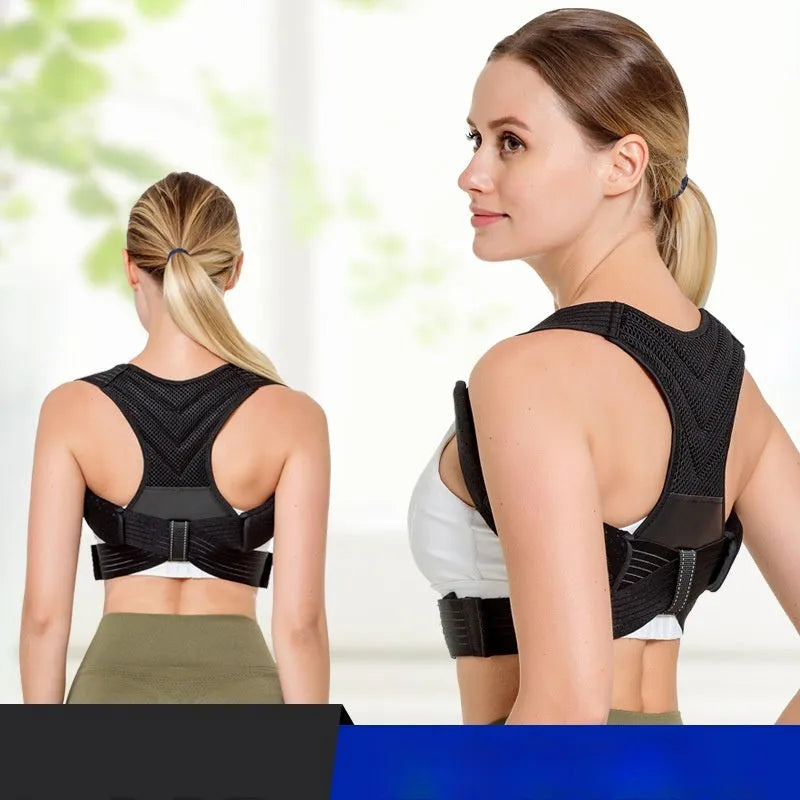Black adjustable anti-humpback posture correction belt worn for back support.