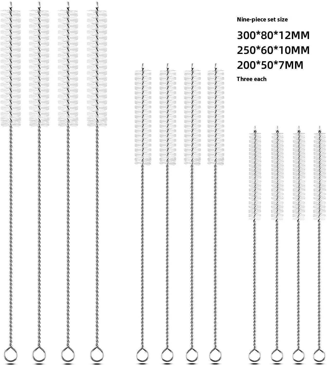 Nylon cleaning brush set with stainless steel handle for reusable straws, black and white options