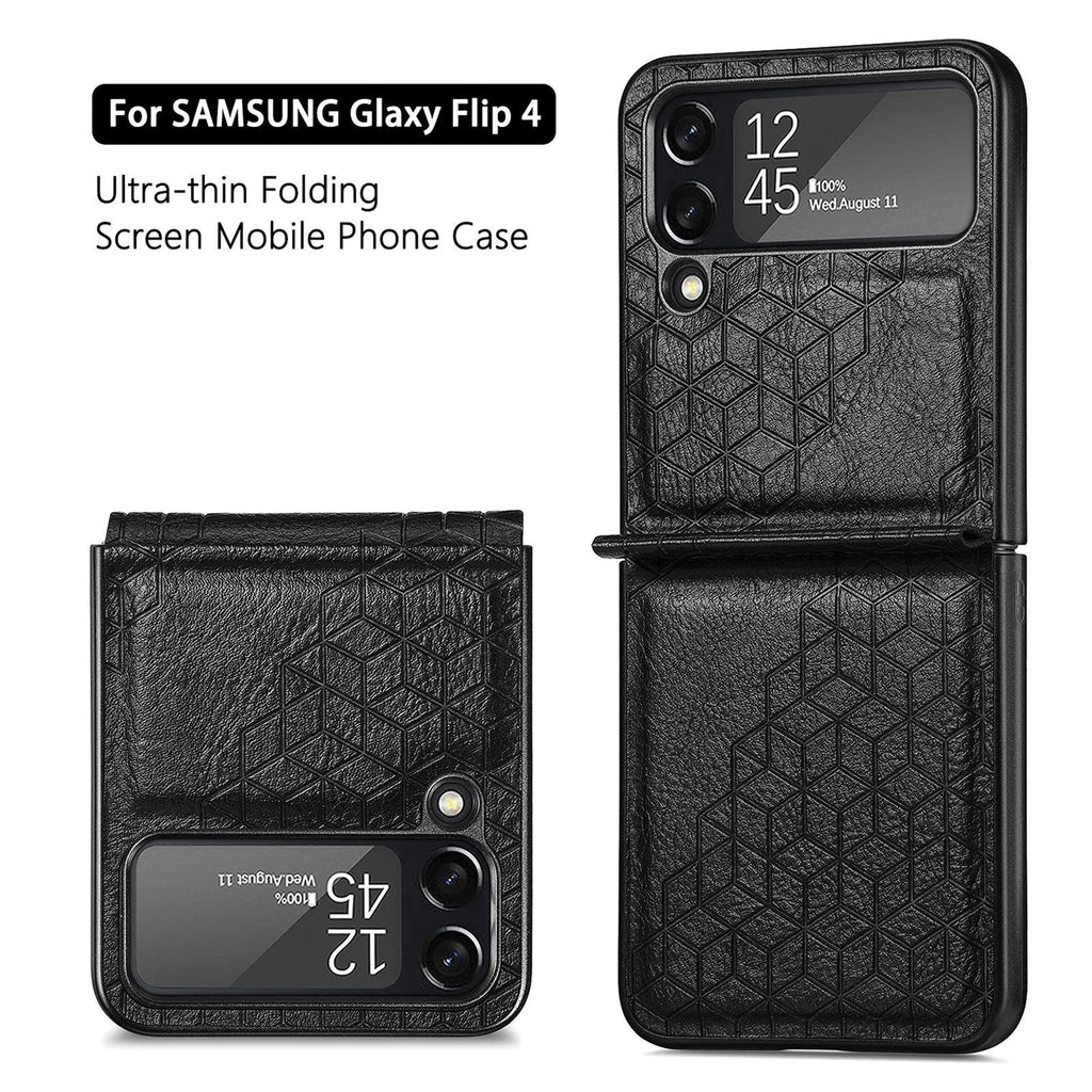 Solid colour rhombus leather pattern PU phone case for Samsung ZFLIP4 in black, showing back cover with textured surface