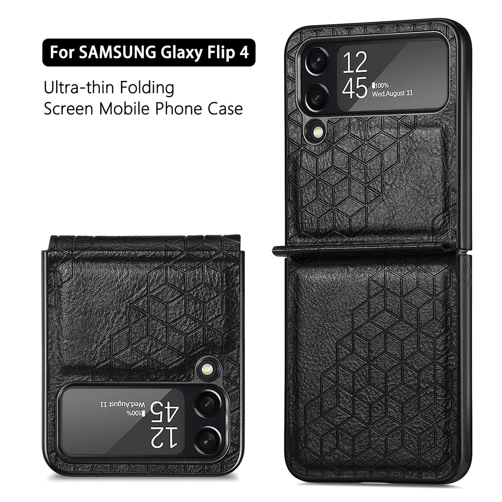 Solid colour rhombus leather pattern PU phone case for Samsung ZFLIP4 in black, showing back cover with textured surface