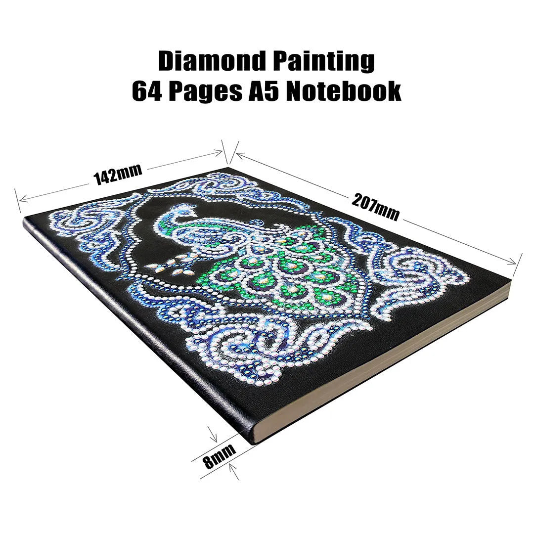 Black A5 diamond painting notebook with peacock design for creative project planning