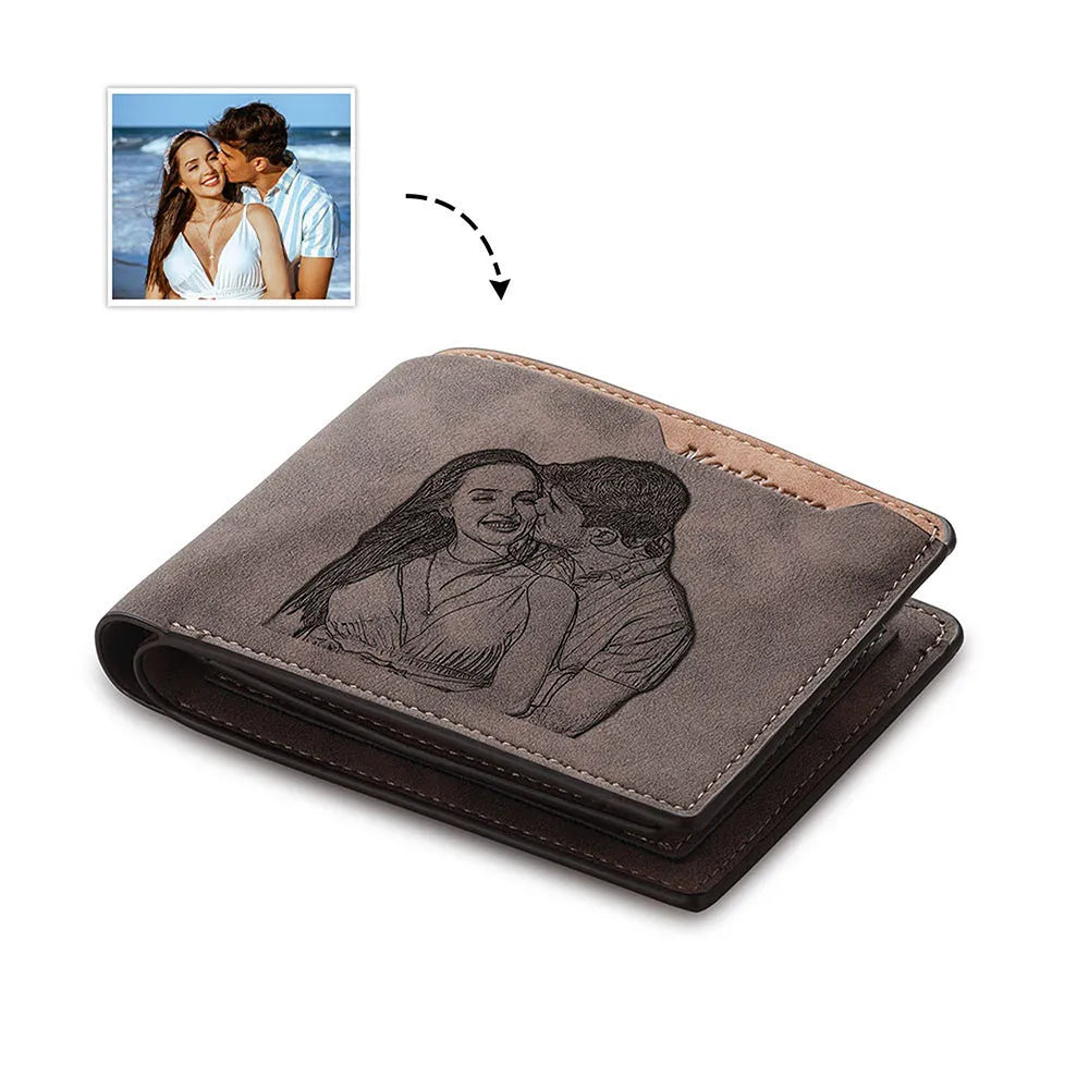 Coffee coloured engraved horizontal short wallet for men with personalised photo etching.