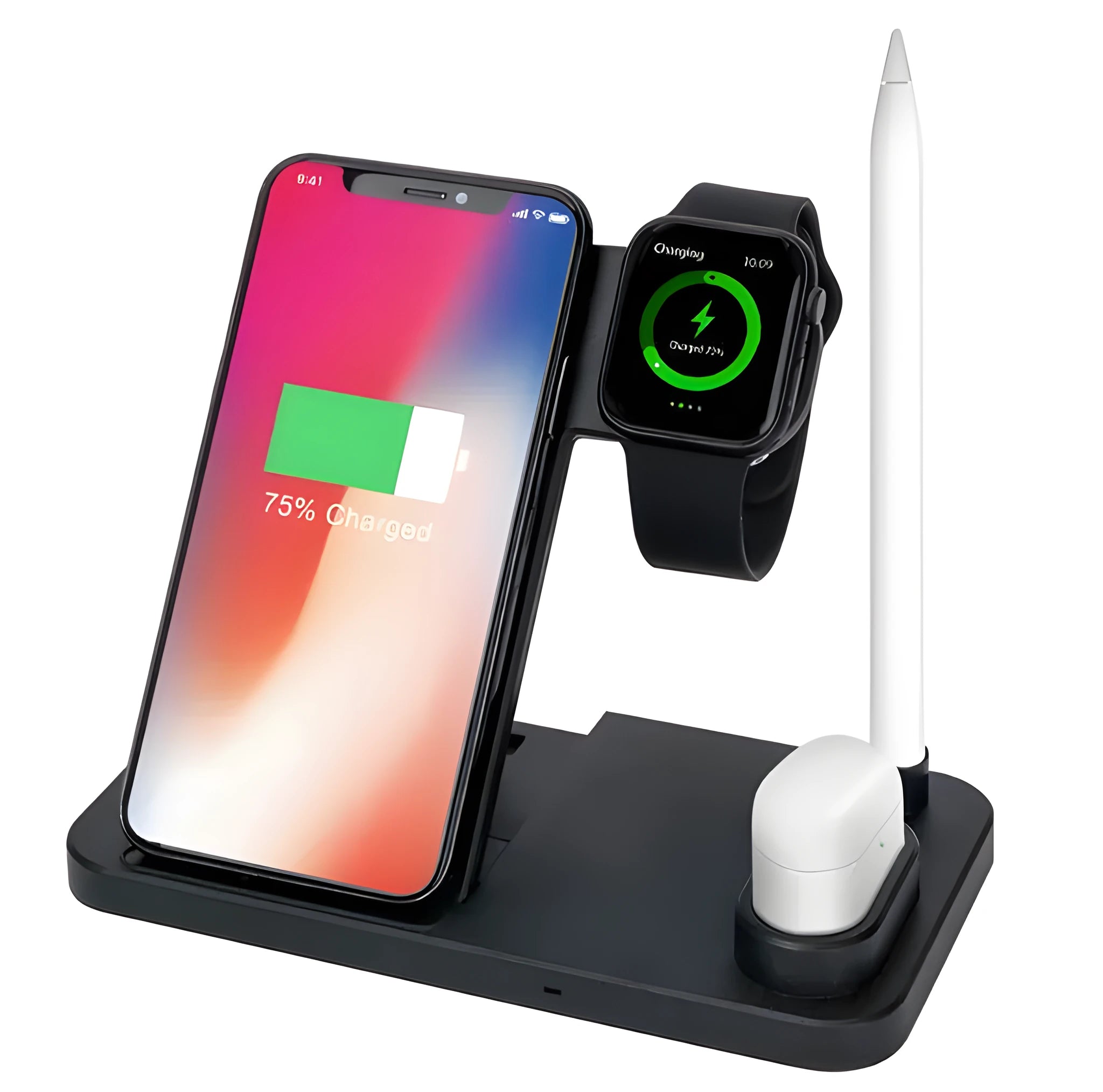 4-in-1 foldable wireless charging station showing phone, Apple Watch, and AirPods charging on adjustable stand