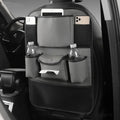 Leather car seat back storage bag shown in one of four colour options: black, grey, green, or brown.