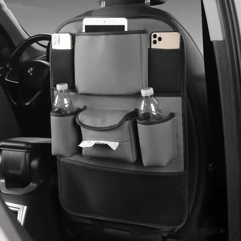 Leather car seat back storage bag shown in one of four colour options: black, grey, green, or brown.