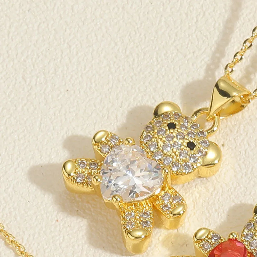 Copper micro inlaid zircon bear love gem necklace in green on a white background, adjustable 41-50cm