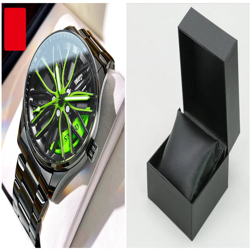 Men's hollowed-out luminous quartz watch with stainless steel strap showing black and red colour variant on a white background