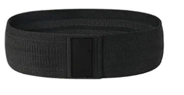 Set of three fabric resistance bands in lake blue, pink, and purple with a mesh storage bag.