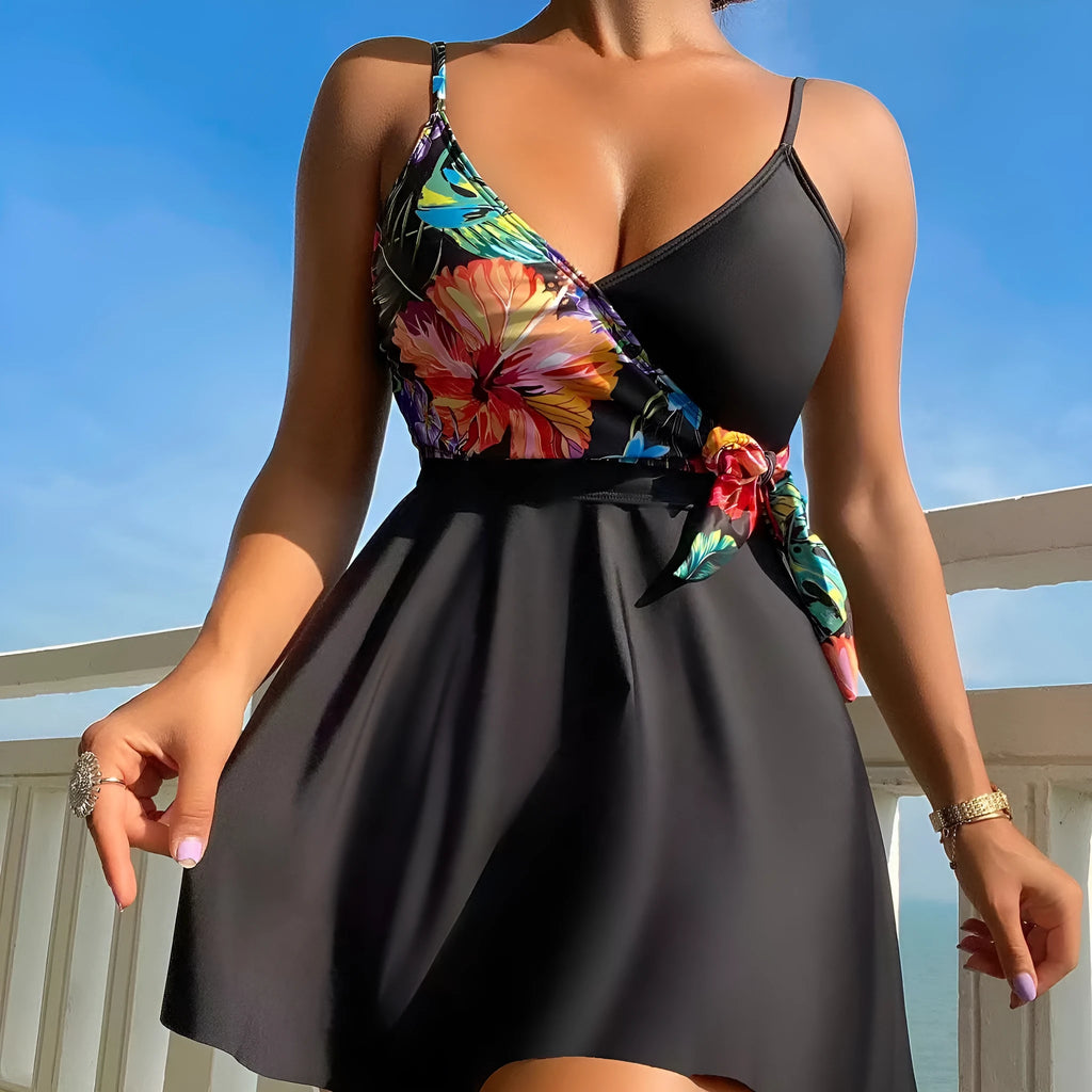 Black women's high waist briefs printed split bikini for swimming and sports activities