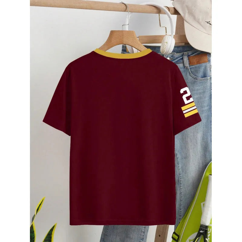 Red loose-fit cotton t-shirt with white digital letter print on the front.