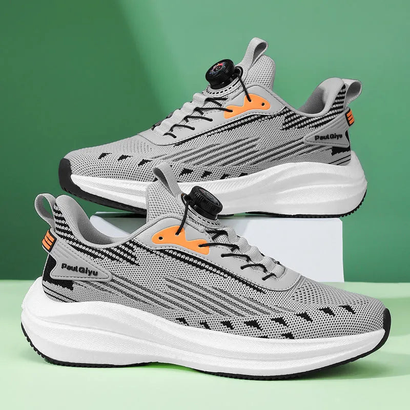 Men's rotating buckle Fly-knit mesh casual sports running shoes in low top design with TPU popcorn sole