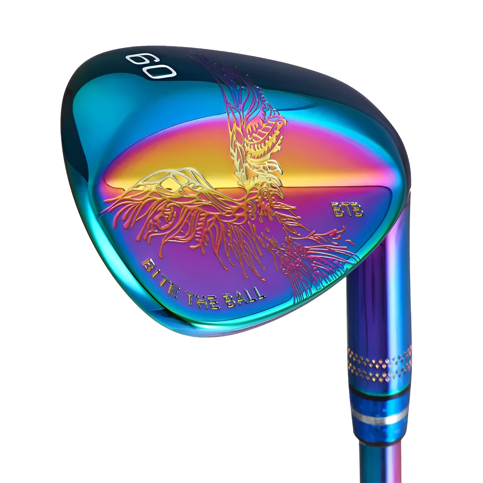 Forged golf wedge with blue electroplated head and CNC groove pattern on striking face