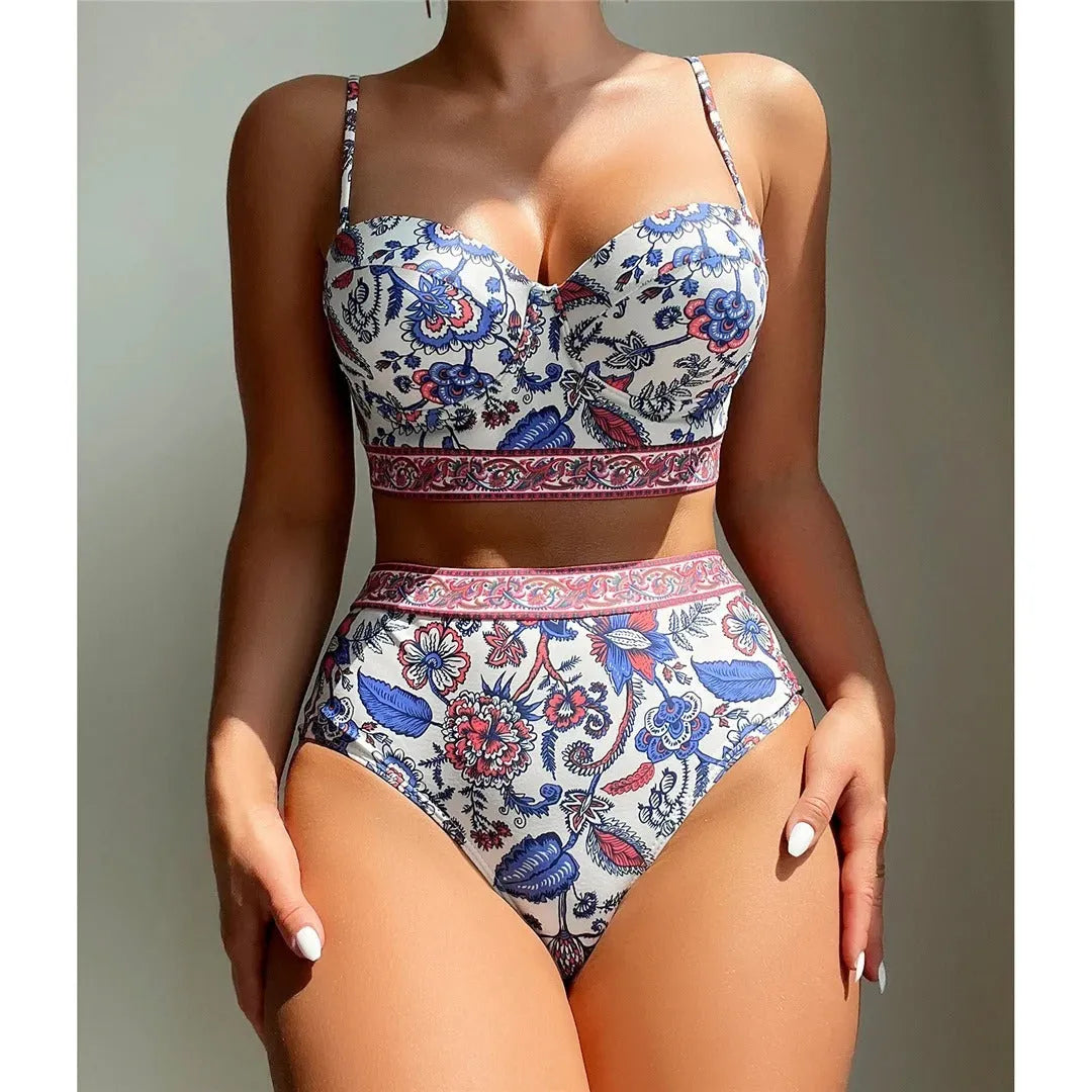 Blue women's high waist push-up bikini swimsuit with sleeveless design