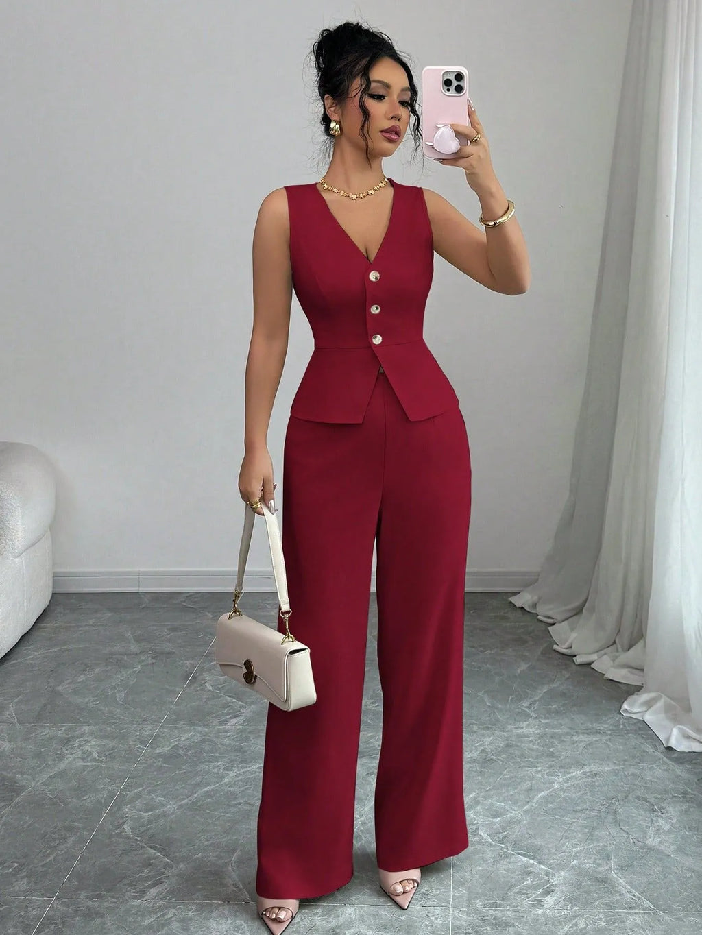 Women's sleeveless slim fit vest and high waist trousers two-piece set in solid colour