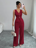 Women's sleeveless slim fit vest and high waist trousers two-piece set in solid colour