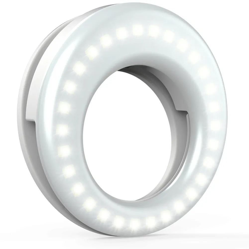 Compact black LED selfie ring light with USB cable for mobile phone photography.