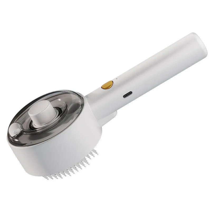 Ceramic white rechargeable pet grooming brush with UVC light and misting function on a dog's coat.