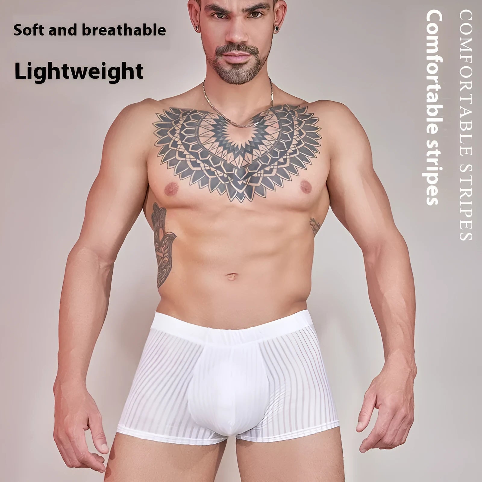 Men's striped thin transparent nylon underwear in black, white and dark grey colours
