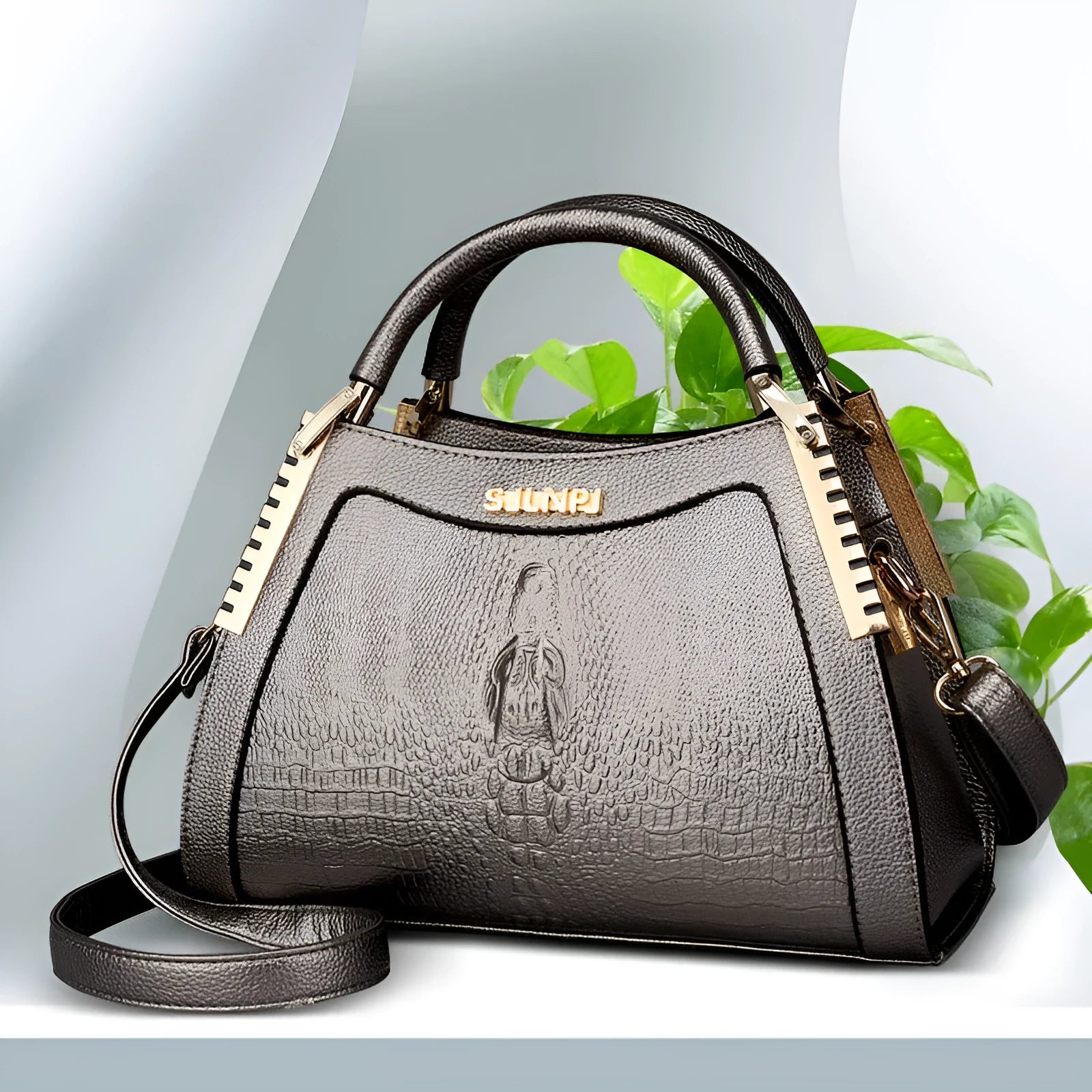 Fashion handbag with embossed crocodile pattern, zipper closure, trapezoid shape, PU material, available in five colours