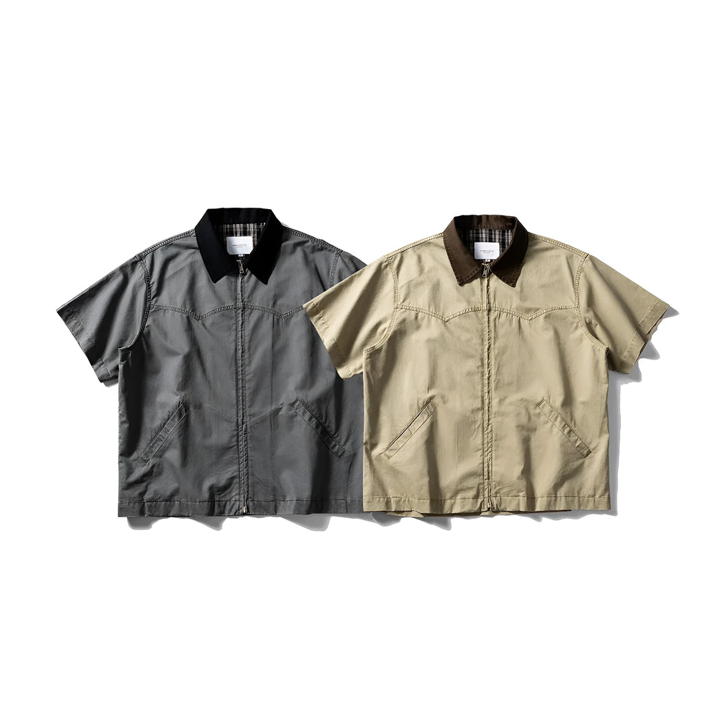Mens loose fit cotton cardigan with short sleeves in grey or khaki colours, washed overalls style