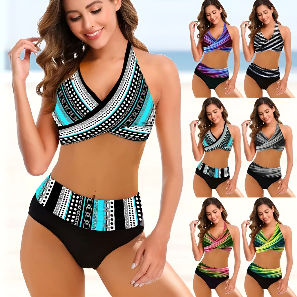 Ladies striped tie-dye hollow pattern bikini set with high-waisted briefs in multiple colours