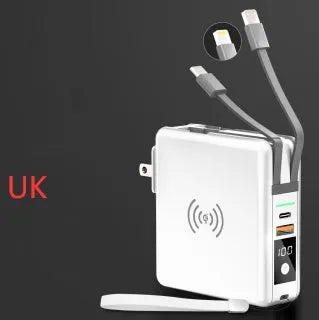 Black and white 10000mAh power bank with QI wireless charging and a set of international plug adapters