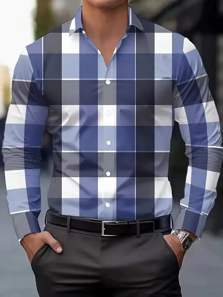Men's striped long sleeve shirt with button lapel collar in polyester fabric