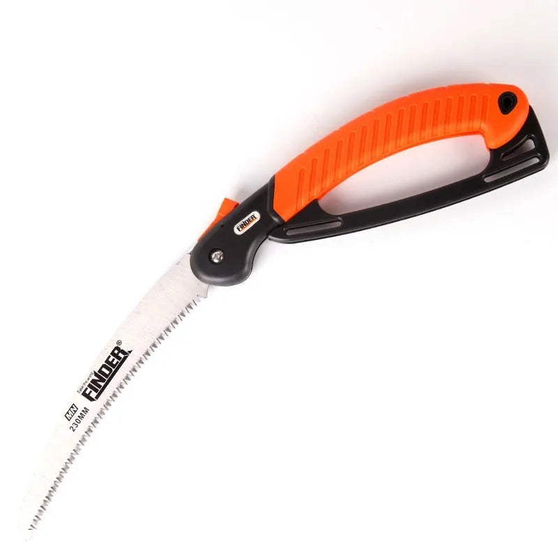 230mm folding garden hand saw with a black TPR grip and silver steel blade shown open and closed.