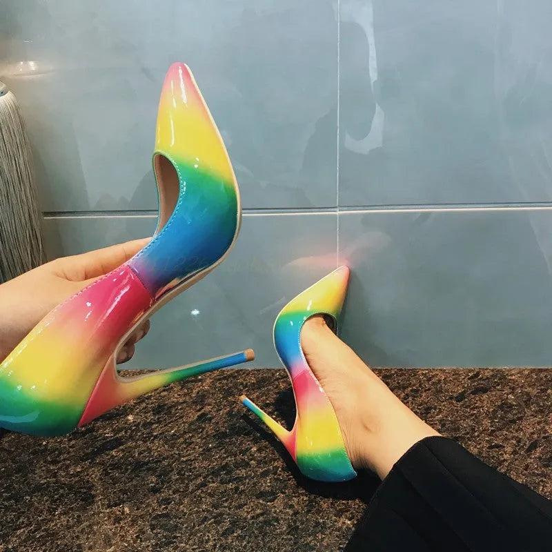 Rainbow patent leather women's high heels with pointed toe and thin stiletto heel in 10cm or 12cm height options