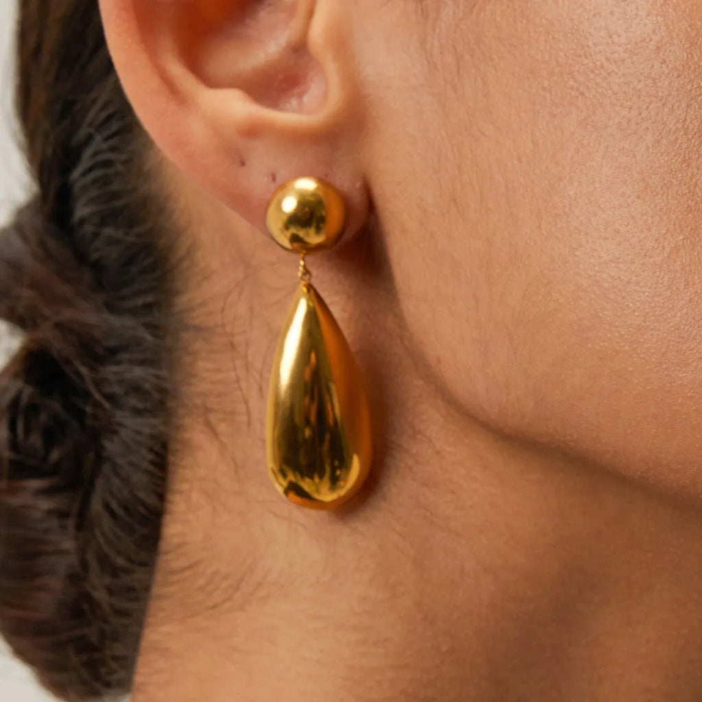 Gold stainless steel hemisphere water drop pendant earrings geometric design