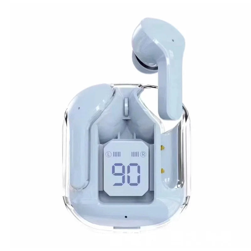 Transparent space capsule case Bluetooth earbuds with digital display showing black, white, light blue, green, and peach colour options
