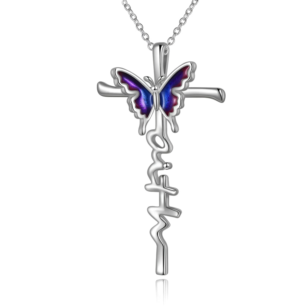 Sterling silver butterfly cross pendant necklace on white gold plated cable chain