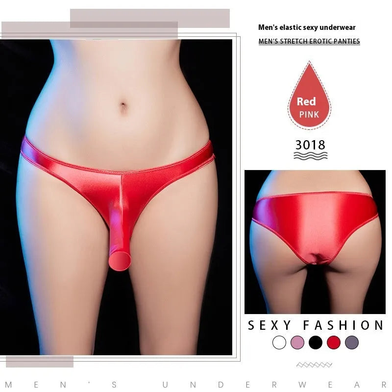Men's shiny nylon low waist T-back underwear shown in black, displayed flat.