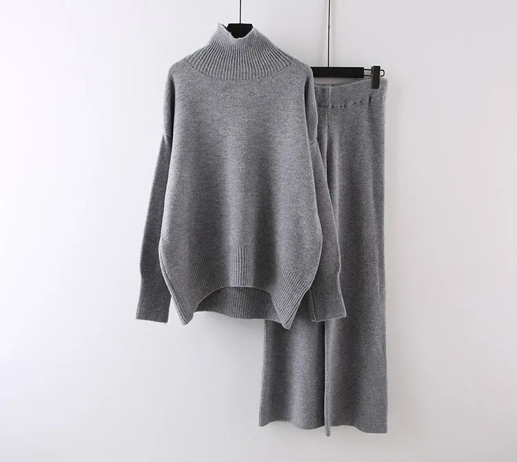 Women's beige acrylic fibre sweater and wide-leg trousers two-piece casual set.