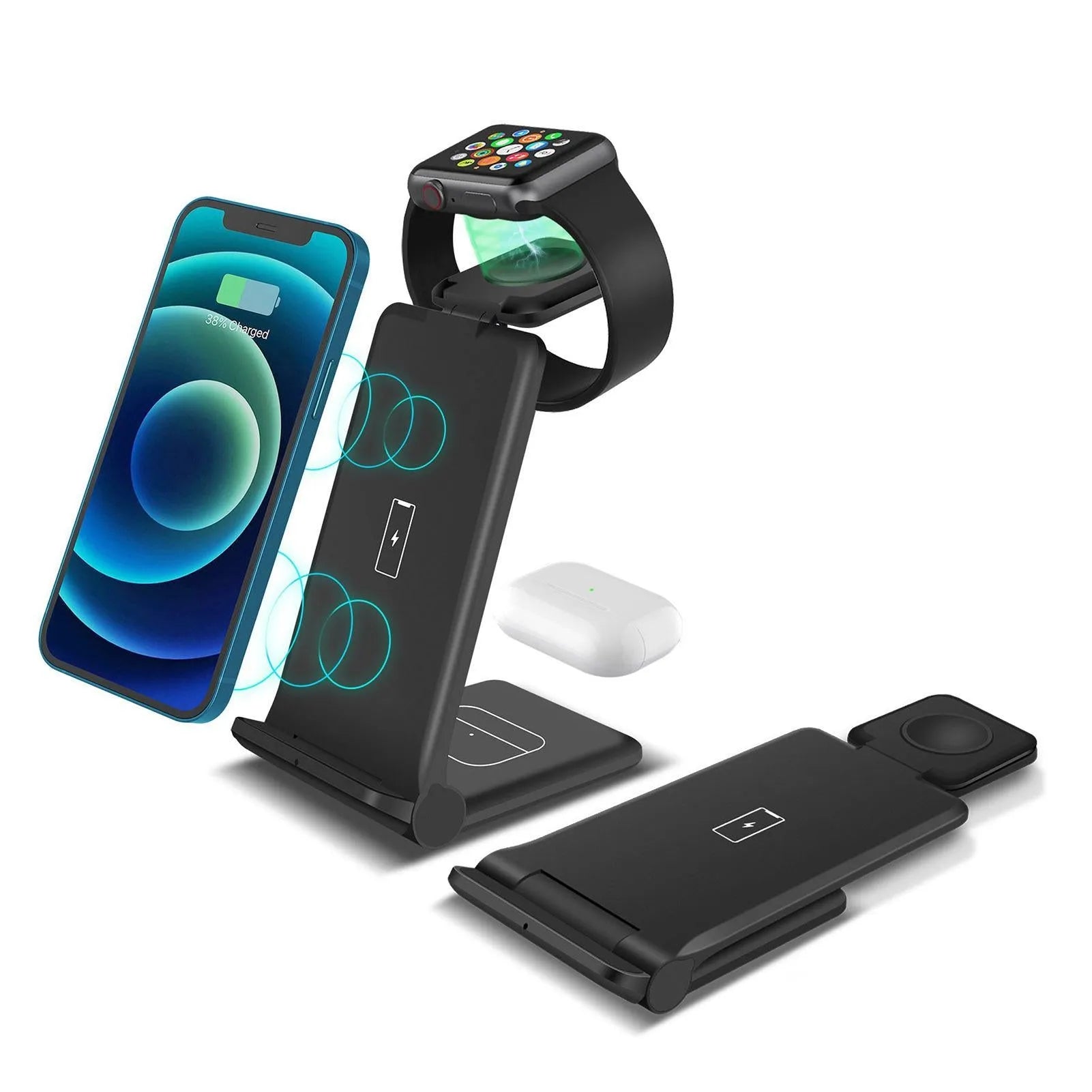 White 3-in-1 wireless charging station dock for phone, Apple Watch and AirPods with foldable design.