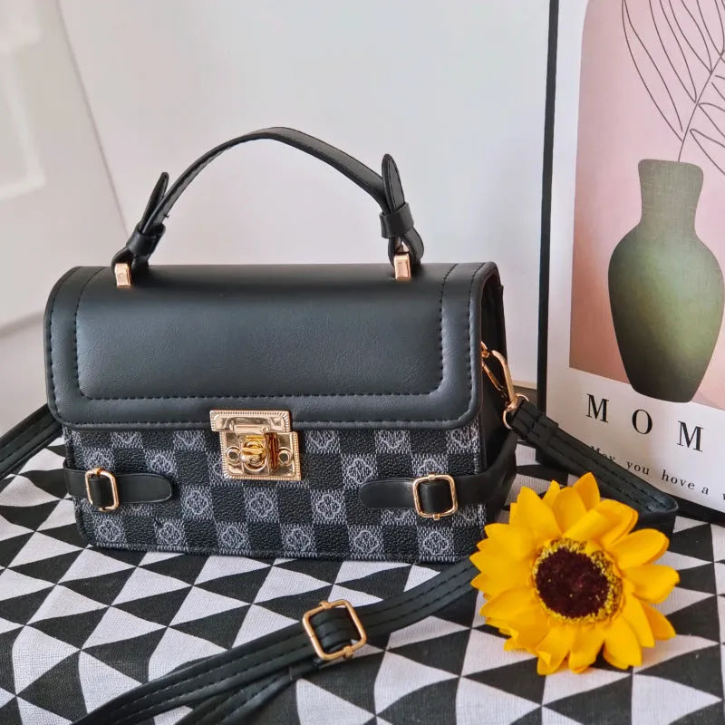 Retro small square pattern ethnic crossbody bag in PU material with floral stitching details