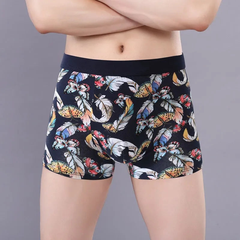 Men's cotton boxer underwear with U-shaped support in floral pattern colours including delicate rose