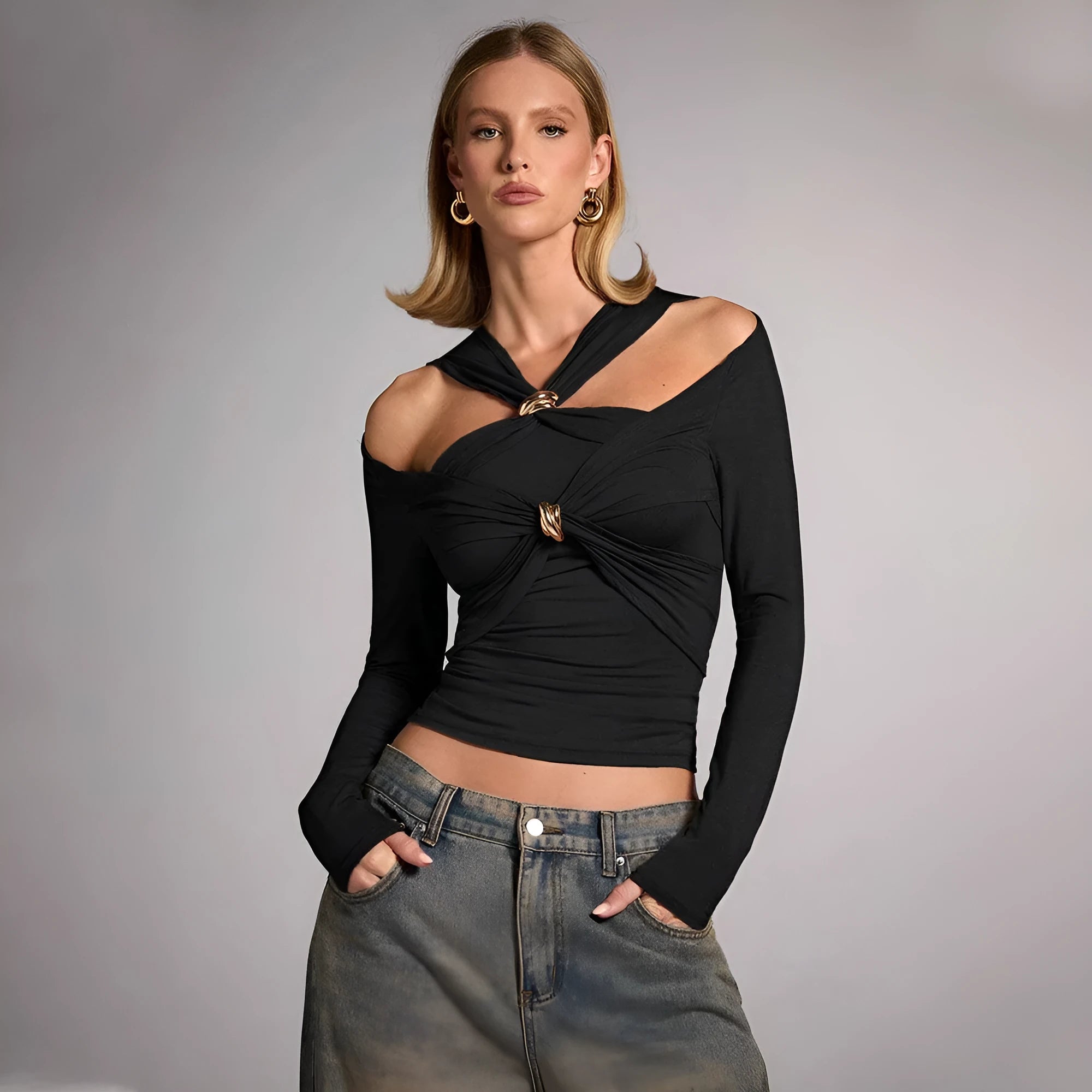 Black women's halter top with long sleeves and a slim fit silhouette.