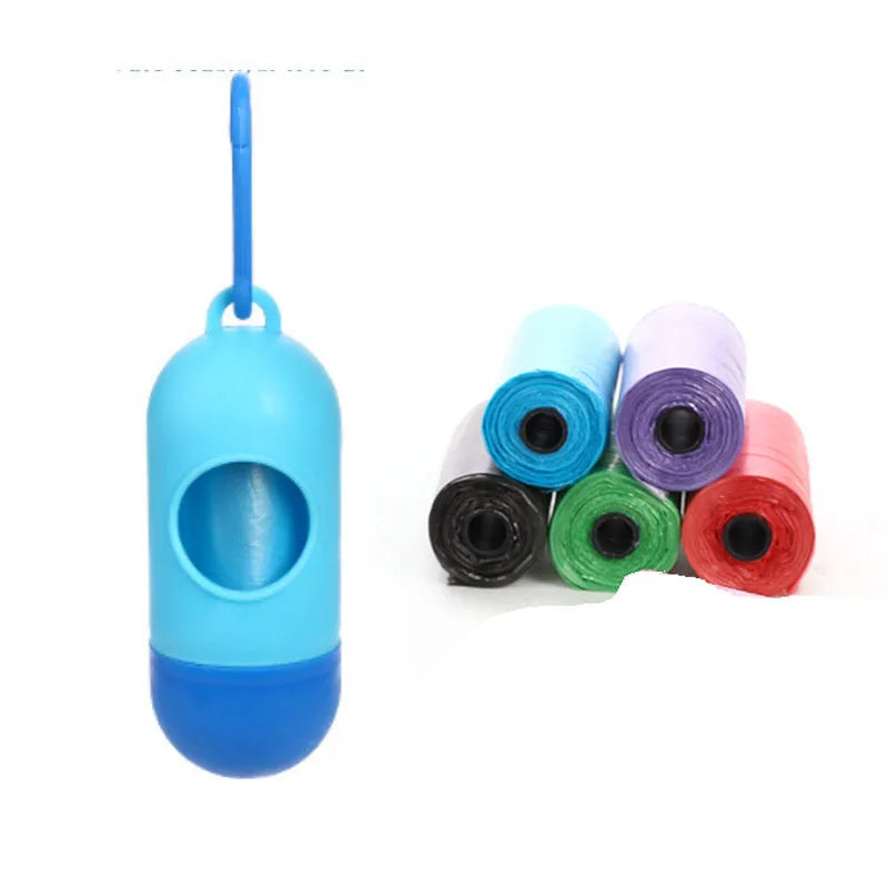 Roll of multi-coloured dog waste bags showing black, blue, green, and pink examples