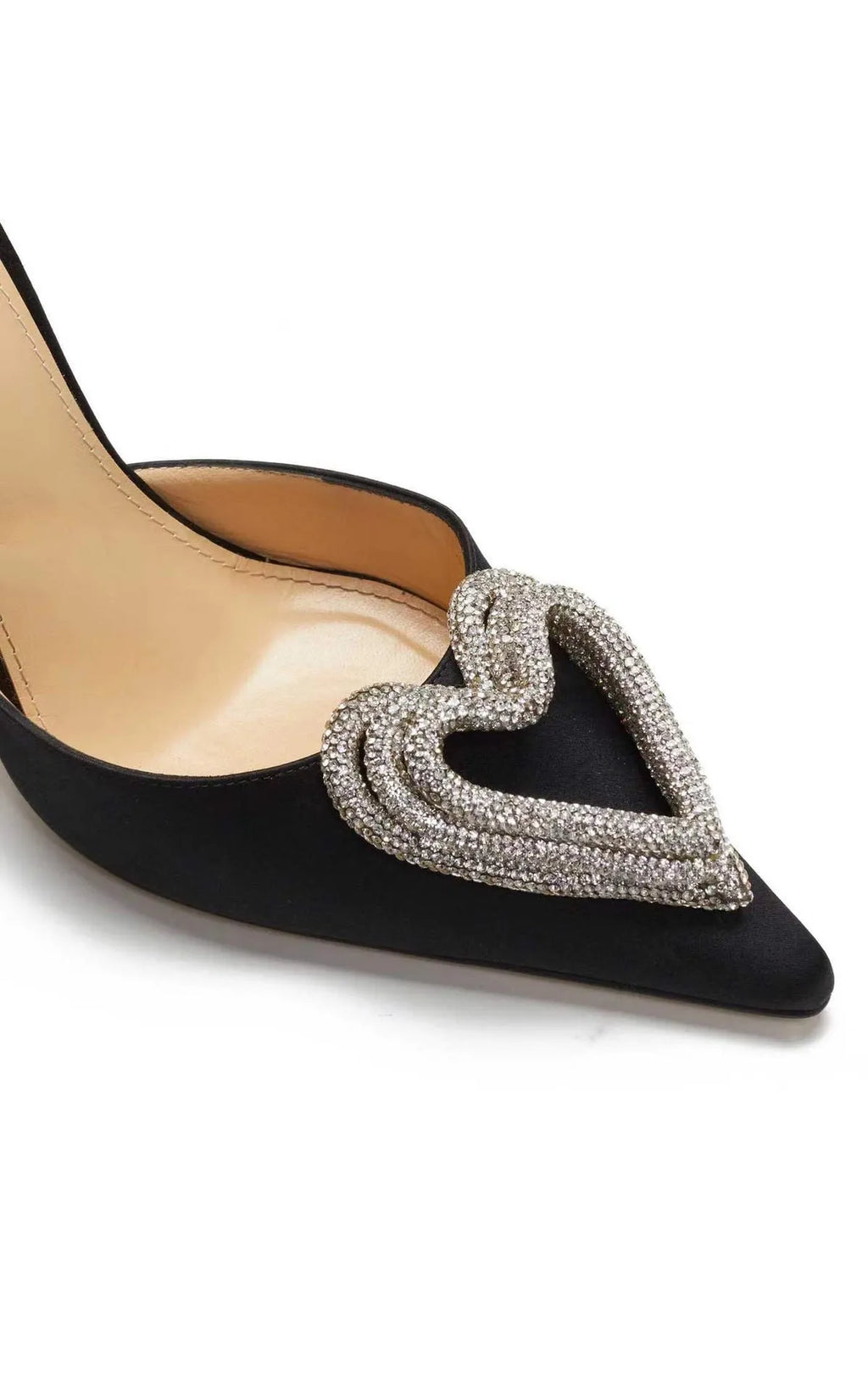 Women's heart-shaped rhinestone sandals with satin upper and pointed toe in pink, black and white colour options