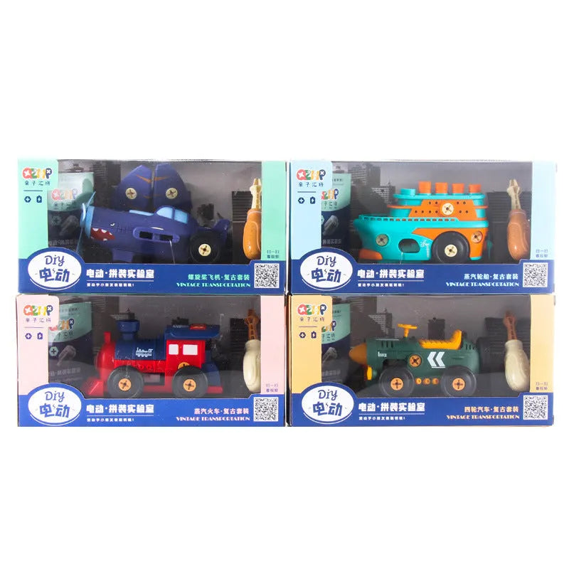 Plastic screw assembly toy vehicles for children aged 4-6, including plane, ship, car, and train with screwdriver and instructions